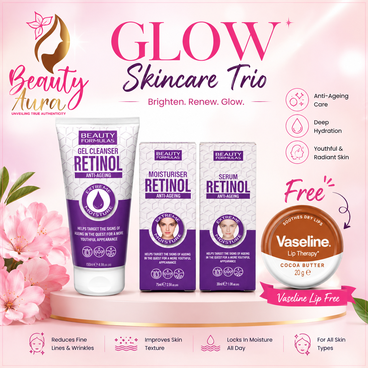 Beauty Formulas Retinol Anti-Ageing Skincare Set (Cleanser, Serum & Moisturizer)